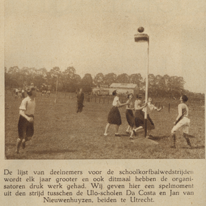 874424 Afbeelding van een spelmoment uit de korfbalwedstrijd tussen de Utrechtse ULO-scholen Da Costa en Jan van ...